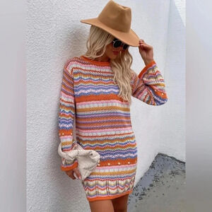 Colorful crochet dress coverup long sleeve stripes Amazon rainbow beach striped
